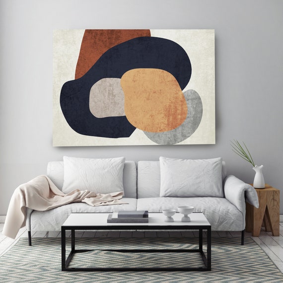 Bold Patten Wall Art, Black Beige Copper Shape Abstract Modern Art, Mid Century Modern Abstract Shapes, Living Room Decor