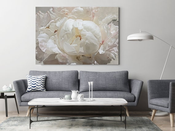 White Spring Peony 1. Floral Photography Canvas Print, Shabby Chic Blur Blush Pink Gray Large Canvas Art Print up to 72" by Irena Orlov