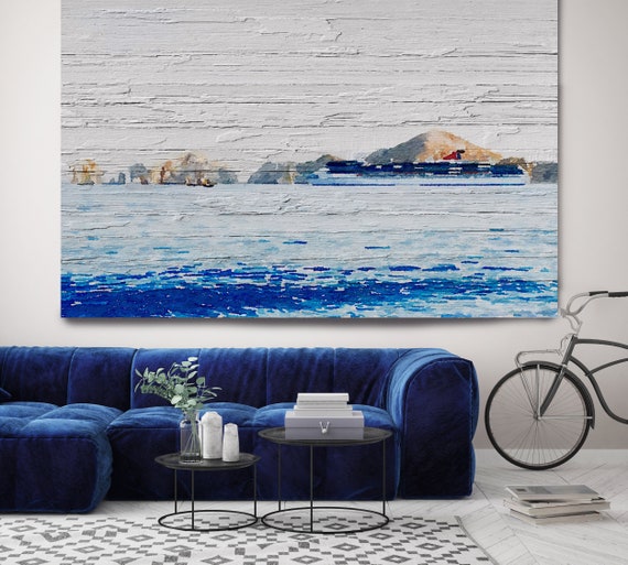 THE SUN just touched the morning, Beach Decor, Coastal Wall Canvas Art, Blue White, Sea Canvas Print 80" by Irena Orlov