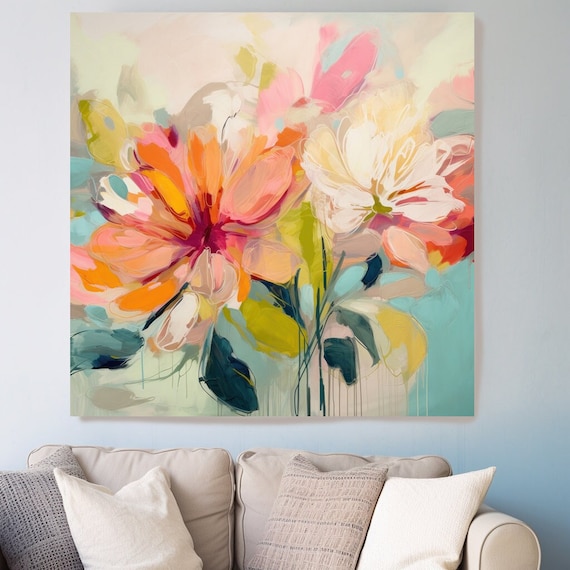 Artistic Muted Blooms Canvas Print | Abstract Floral Canvas | Muted Pink Blue Wall Decor | Contemporary Artwork | Floral Canvas Print