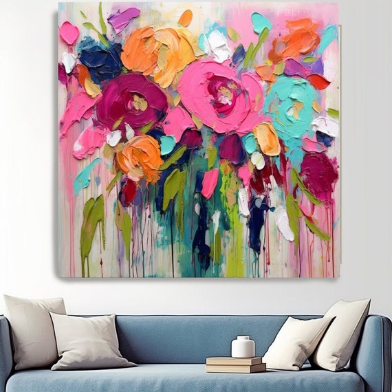 Abstract  Flower Painting Print On Canvas, Large Wall Art Modern Floral Art Print, Blooming Joyful Garden 9