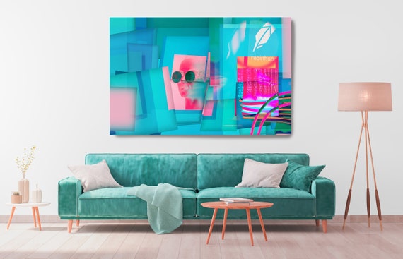 Robinhood Financial Market Moments Wall Street Art Contemporary Abstract Canvas, Stock Market Art, Robinhood Teal Red Crypto Art Print