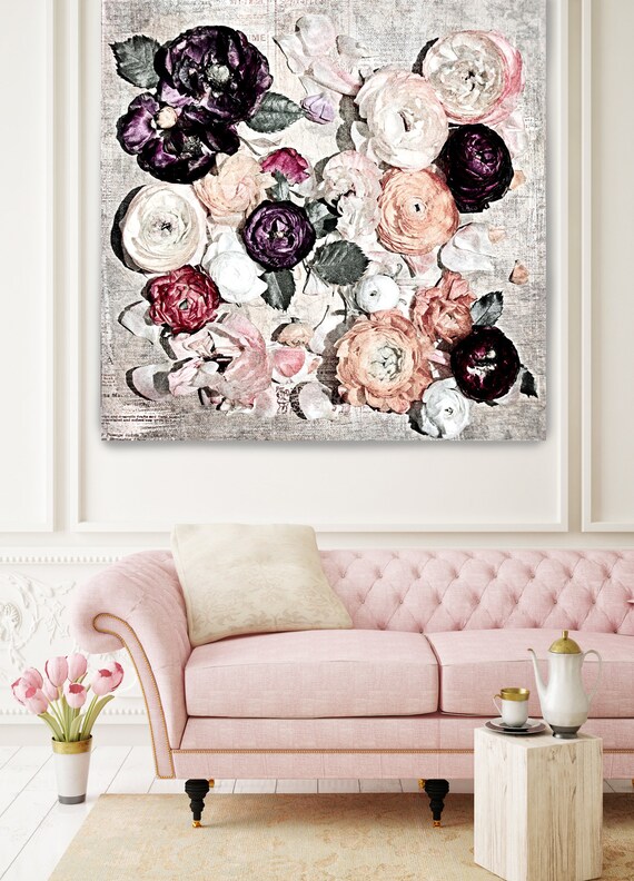 Romantic Shabby Chic Flowers 8. Rustic Floral Painting, Pink Purple White Rustic Large Floral Canvas Art Print up to 48" by Irena Orlov
