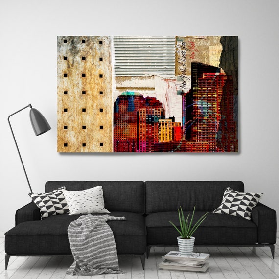 I Love you New York-3, Extra Large Red Rustic Architectural Cityscape Canvas Art Print. URBAN Canvas Art Print up to 72" by Irena Orlov