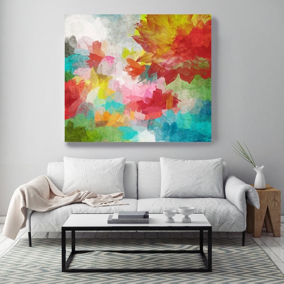 Celebration of joy. Red Blue Green Floral Canvas Art Print, Extra Large Floral Canvas Art Print up to 72" by Irena Orlov