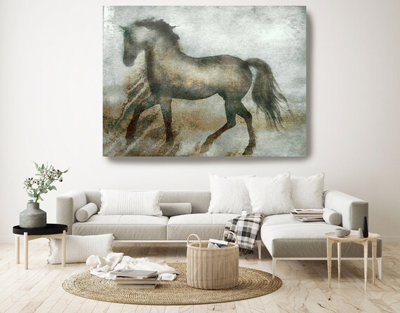 Wild Spirit. Gray Running Horse, Horse Canvas Print Art, Gray Rustic Horse, Farm House Art, Equestrian Painting Wall Art, Watercolor Horse