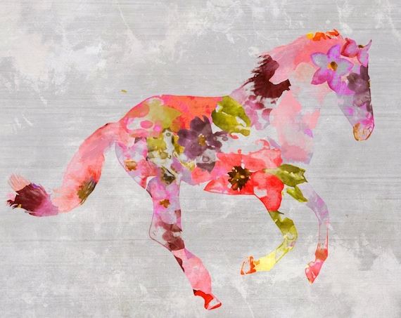 Red Floral Horse Painting Mixed Media Horse Painting Canvas Print BOHO Horse Floral Horse Art Large Canvas, Painted Horse Boho Wall Art