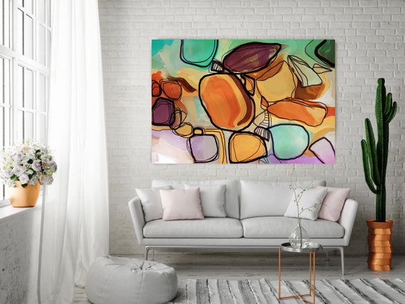 Memories in Bloom. Orange, Green Art, Wall Decor, Extra Large Abstract Colorful Contemporary Canvas Art Print up to 72" by Irena Orlov