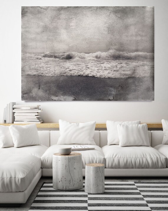 Wave 2, Beach Decor, Ocean Wave Print, Coastal Wall Canvas Art, Grey Black & White, Monochrome Art, Sea Canvas Print 80" by Irena Orlov