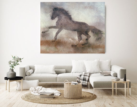 Wild Horse 3. Running Horse, Horse Canvas Print Art, Gray Rustic Horse, Farm House Wall Art, Equestrian Painting Wall Art, Watercolor Horse