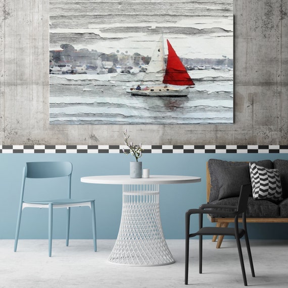 Scarlet Sails. Large Rustic Seascape Boat Red, Grey and White Canvas Art Print up to 60" by Irena Orlov