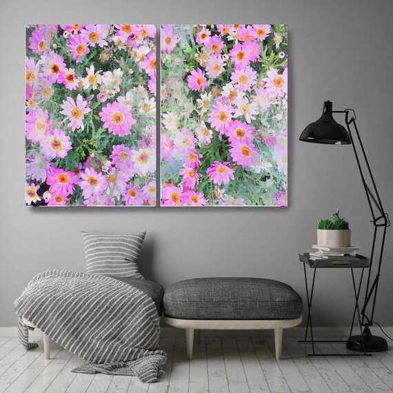 A garden in bloom Diptych-2 piece-Floral Painting Farmhouse Decor Hot Pink Watercolor Painting Print Floral canvas print Farmhouse Painting