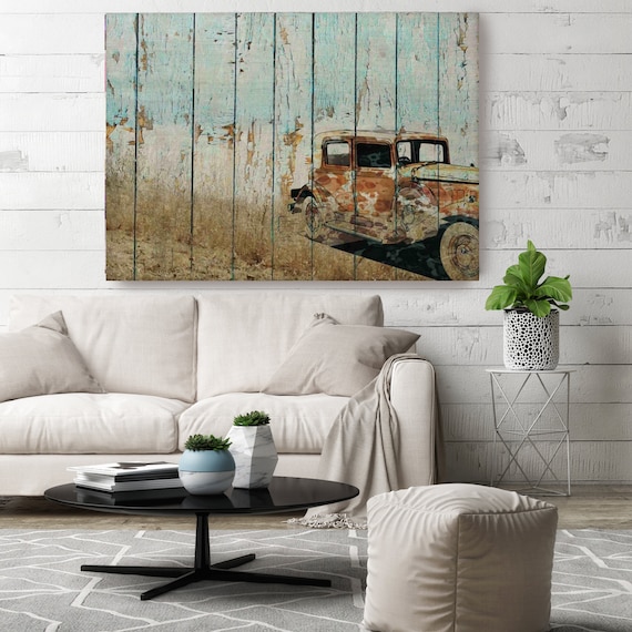 Sweet Memories, Old Car Canvas Print, Rustic Car Painting Print, Car Canvas art, Blue Brown Car Print, Transportation Wall Decor, Farmhouse