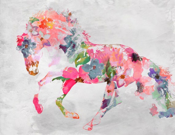 美しい花柄のコーラルホース ミックスメディア 馬の絵画 美しい花柄のコーラルホース ミックスメディア 馬の絵画