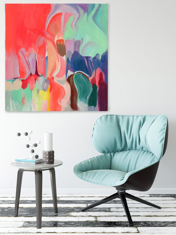 Melodies 2, Red Aqua Yellow Abstract Painting, Pink Aqua Blue Blur Canvas Art Print up to 48" by Irena Orlov
