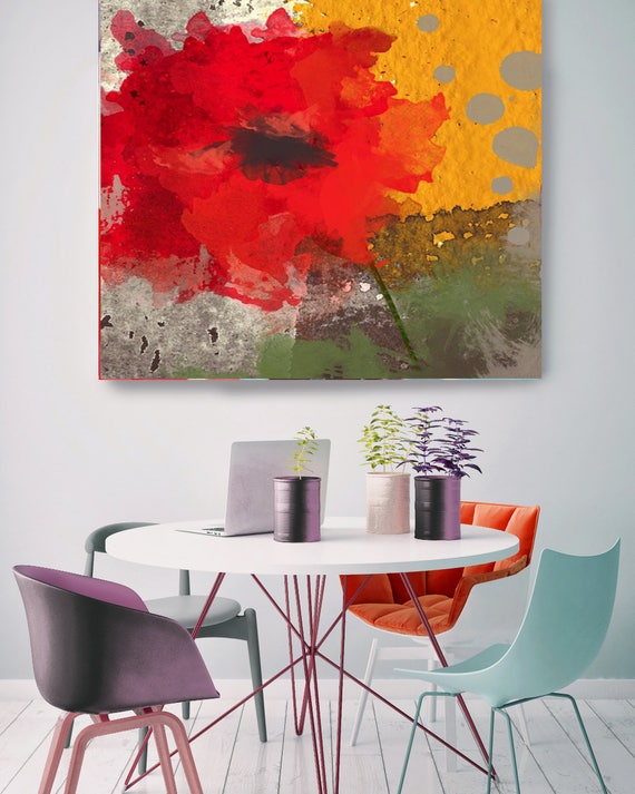 Exclusive. Rustic Red Green Yellow Floral Canvas Art Print, Red Green Yellow Rustic Modern Huge Canvas Art Print up to 48" by Irena Orlov