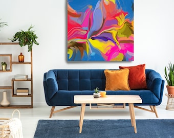 Blue Yellow Abstract Fine Art Canvas, Abstract Art, Contemporary Art, Modern Hot Pink Canvas Print, Bohemian Color Expression 8