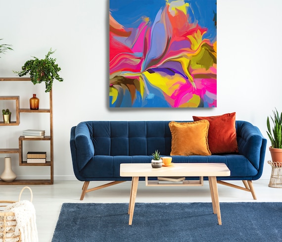 Blue Yellow Abstract Fine Art Canvas, Abstract Art, Contemporary Art, Modern Hot Pink Canvas Print, Bohemian Color Expression 8