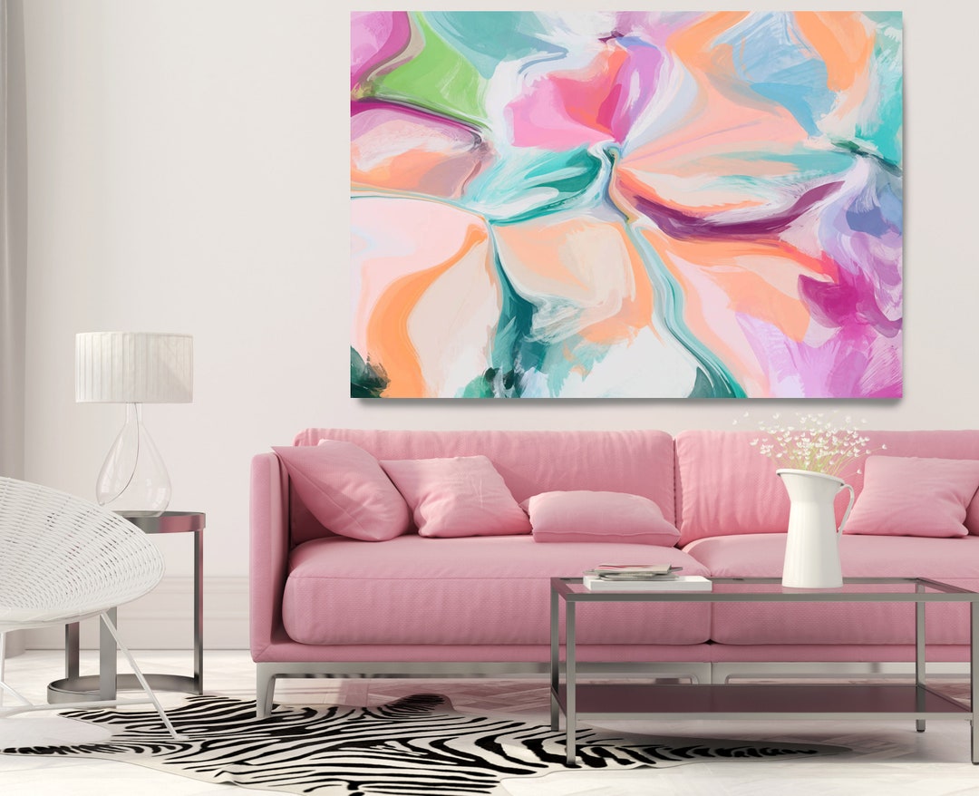 Pink Blue Abstract Painting, Trending Now Vibrant Flow Artwork Canvas