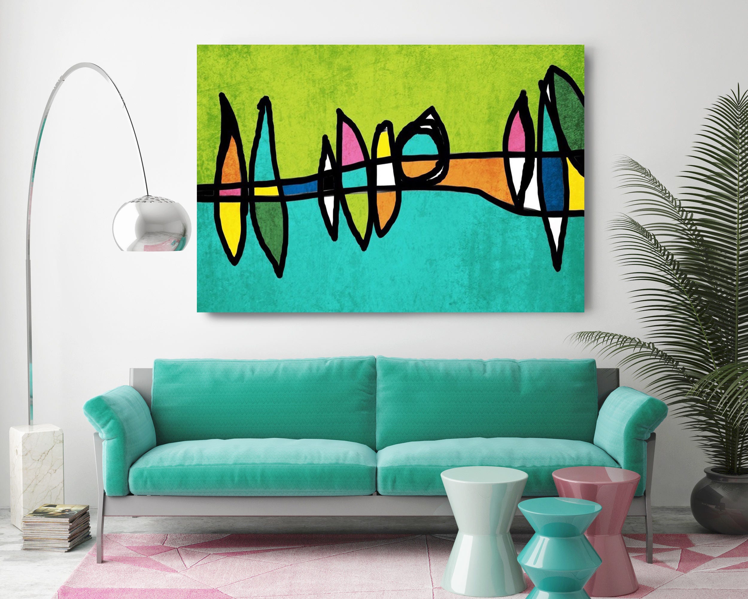 Mid Century Modern Retro Canvas Print Mid Century Wall Art Large Wall Art  in Teal and Green, Mid Century Wall Art, Mid Century Modern Decor