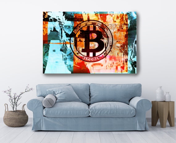 Bitcoin Teal Orange Graffiti Abstract Canvas, Cryptocurrency Bitcoin Graffiti, Art Painting Print on Canvas, Bitcoin Artwork Canvas Print