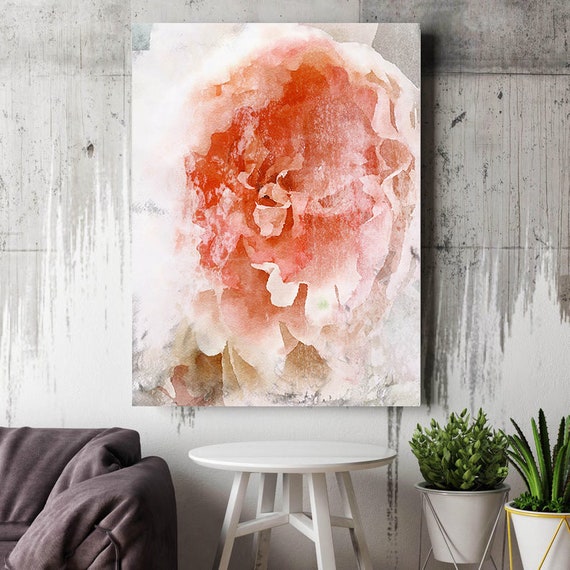 Coral Blue Floral painting, Shabby Chick Art, Floral Art, Floral Wall Art, Rustic Flowers Canvas Print, Blushing Beauty 6 Farmhouse Wall Art