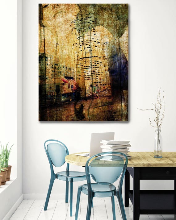 City night lights. Architectural Rustic Green Beige Canvas Art Print up to 72" by Irena Orlov