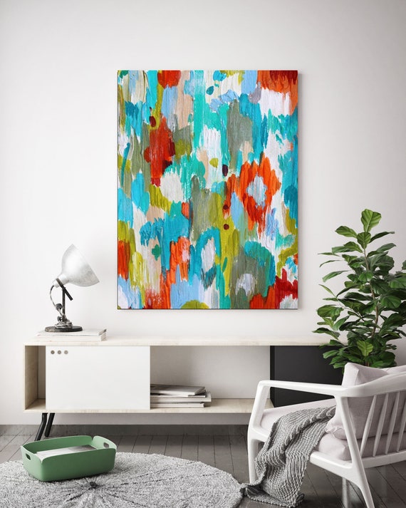 Lustrous Day. Blue Red Abstract Paintings Art, Extra Large Abstract Colorful Contemporary Canvas Art Print up to 72" by Irena Orlov