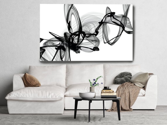 Black and White Wall Art, A Look, Home Decor Wall Art Black White Abstract Canvas Print Brush Stroke Minimalist Office Art Wall Line Art