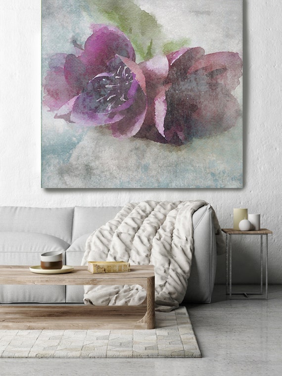 Purple Sensation 10. Rustic Floral Painting, Green Turquoise Lavender Rustic Large Floral Canvas Art Print up to 48" by Irena Orlov