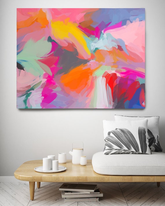 Come With Me, GreenYellow Pink Abstract Painting, Abstract Multicolor Painting, Abstract Green Canvas Print up to 80" by Irena Orlov