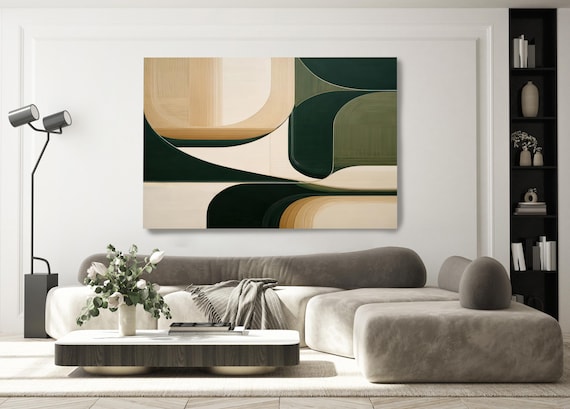 Mid-Century Modern Abstract Canvas Wall Art, Organic Geometric Design in Green Beige | Hand-Embellished Luxury Interior Art Between Forms-15