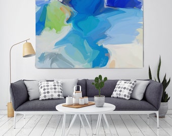 View From my window Blue Green Abstract Painting Original contemporary art large wall art blue green painting with texture canvas Print