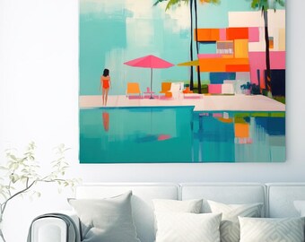 Summer Vibes Color Block Beach Poolside Reverie-2, Coastal Canvas Print, Midcentury Coastal At print on Canvas, Abstract Coastal Art