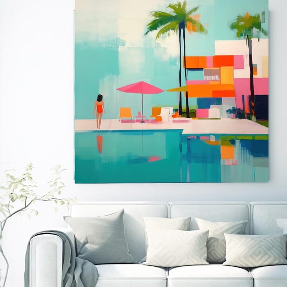Summer Vibes Color Block Beach Poolside Reverie-2, Coastal Canvas Print, Midcentury Coastal At print on Canvas, Abstract Coastal Art