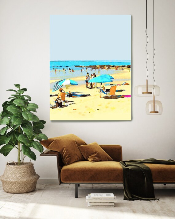 Coastal Sunny Days 25, Swimming Painting Canvas Print, Summer Blue Coastal Art, Beach Decor, Beach Umbrellas Coast Painting Canvas Print Art