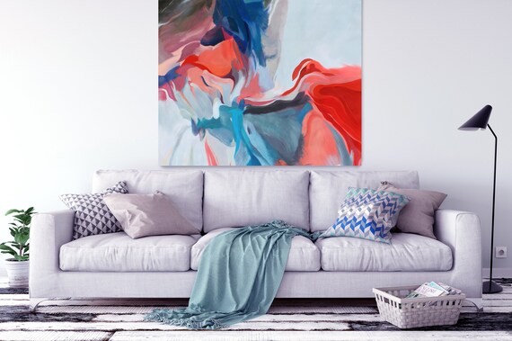 Love is everywhere., Huge Navy Red Blue Brown Abstract Modern Canvas Art Print, Canvas Painting Print up to 50" by Irena Orlov