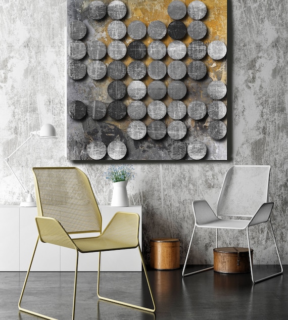 Concrete Circles. Extra Large Abstract Canvas Art Print, Grey, Yellow, Black Abstract Rustic Wall Art up to 48" by Irena Orlov