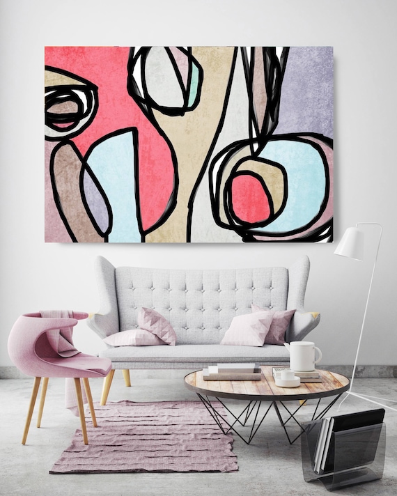 Vibrant Colorful Abstract-0-74. Mid-Century Modern Blue Pink Canvas Art Print, Mid Century Modern Canvas Art Print up to 72" by Irena Orlov