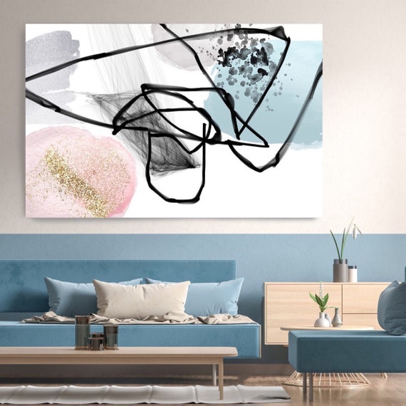 Blue Illusion 4, Minimalist Art, Pink Blue Gold Minimalist Art Painting Print on Canvas, Large Canvas Print, Minimal Canvas Print