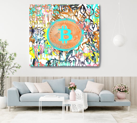 Bitcoin Yellow Teal Graffiti Canvas Print. Bitcoin Abstract Office Decor Cryptocurrency Wall Art Home Office Bitcoin Graffiti