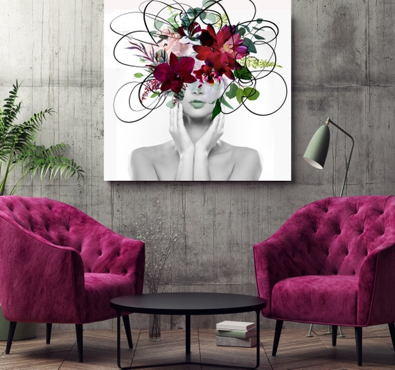 Woman Floral Portrait, Flower head woman Canvas Print, Sexy wall art, Equivalent exchange 19, Floral Head Woman Print, Woman Fashion Art