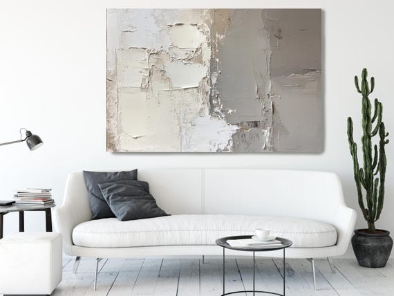 Textured Silence-1-1, Beige White Abstract Painting Print on Canvas, Textured Painting, Contemporary Living Room Decor, Office Wall Art