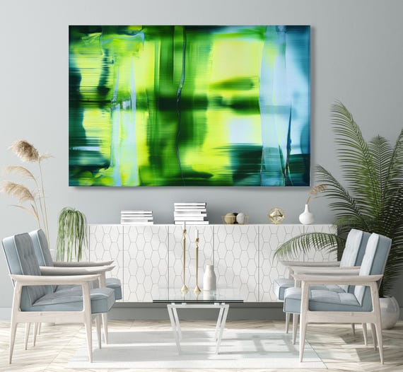 Green Radiance-4, Blue Green Blur Abstract Painting Print on Canvas, Abstract Art, Contemporary Living Room Decor, Office Wall Art
