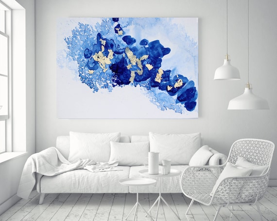 Blue Gold and White Watercolor abstract splash 1. Watercolor Abstract, Extra Large Abstract Canvas Art Print up to 72" by Irena Orlov