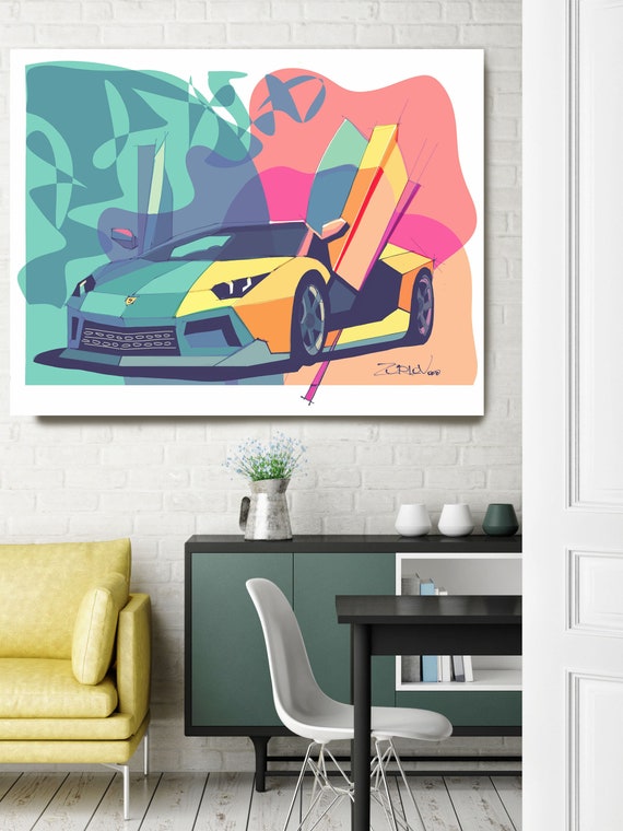 Lamborghini, Lamborghini art print. Large Pink Teal Lamborghini Painting Canvas Art Print, Cars Wall Decor up to 72" by Zeev Orlov