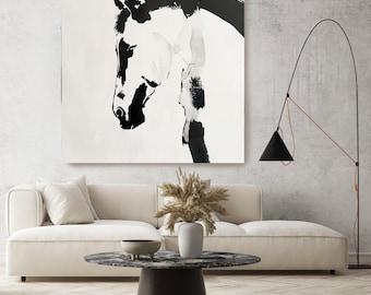 Elegante paardenlijnen-14 canvaskunst, paard schilderij, paard kunst, zwart-wit paard schilderij print, minimalistische paard canvaskunst print, paard schilderij