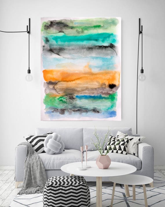 Across the Bay. Watercolor Abstract Blue Green Yellow Canvas Art Print, Watercolor Painting Print up to 72" by Irena Orlov