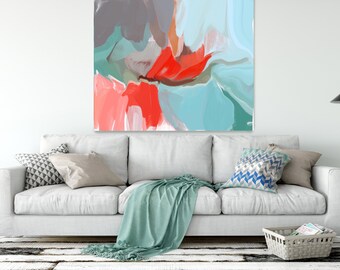 TURQUOISE Red Art Abstract Expressionist Contemporary, Only a Love 4, Huge Turquoise Red Abstract Canvas Art Print up to 50" by Irena Orlov