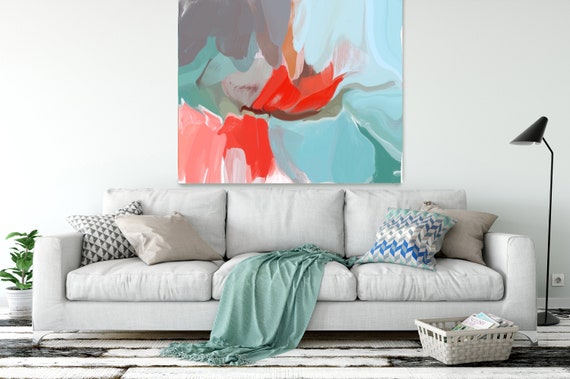 TURQUOISE Red Art Abstract Expressionist Contemporary, Only a Love 4, Huge Turquoise Red Abstract Canvas Art Print up to 50" by Irena Orlov